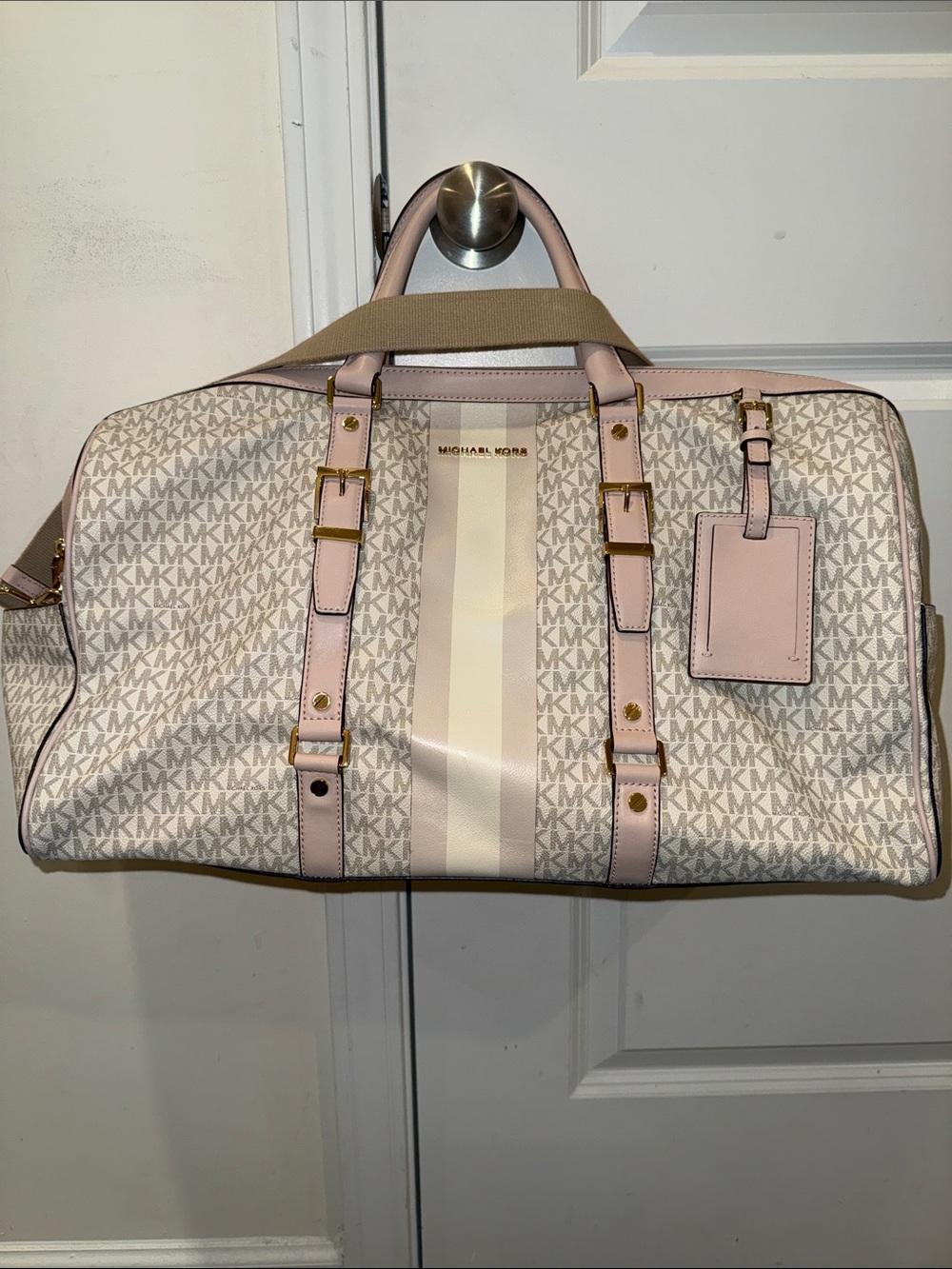 Michael Kors Cream & Pink MK Signature Weekender
